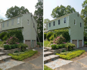 Before and after exterior painting refresh in Easton, CT with updated siding color and detailed surface prep