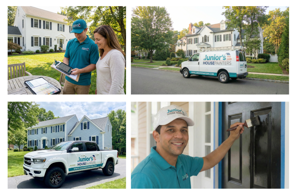 Owner-led house painting team from Juniors ProCare House Painters working on Connecticut homes, including on-site walkthroughs, company truck, and finished exterior details.