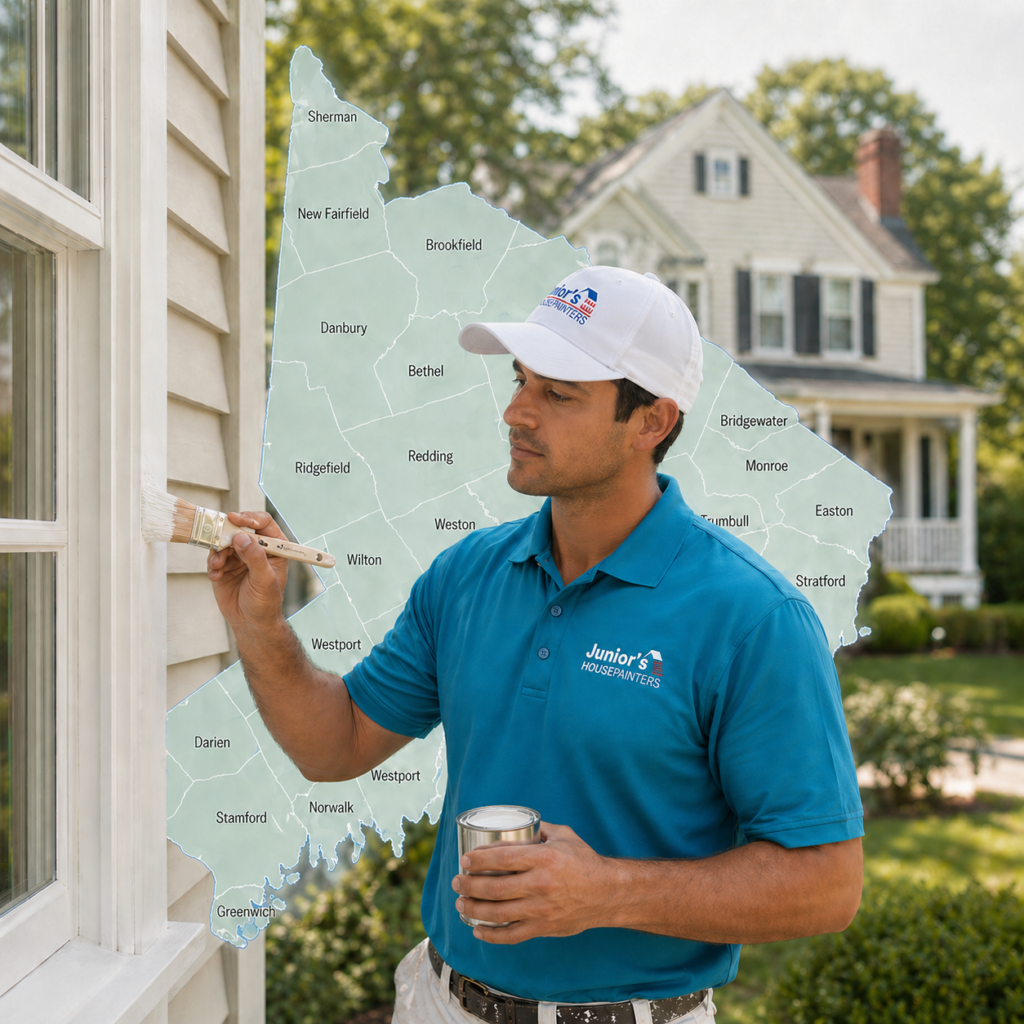 Painter applying exterior paint on siding with Fairfield County CT service area map overlay