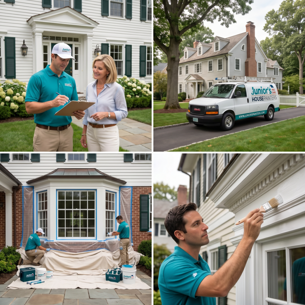 Exterior painting scenes showing home evaluation, project setup, and detailed finish work in Fairfield County CT
