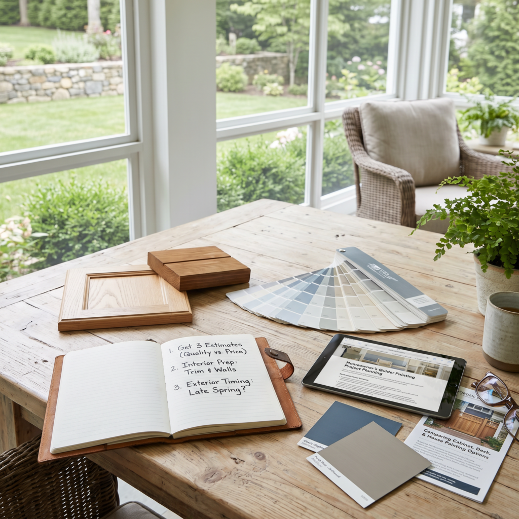 Paint color samples, planning notes, and project checklist on table for a home painting project