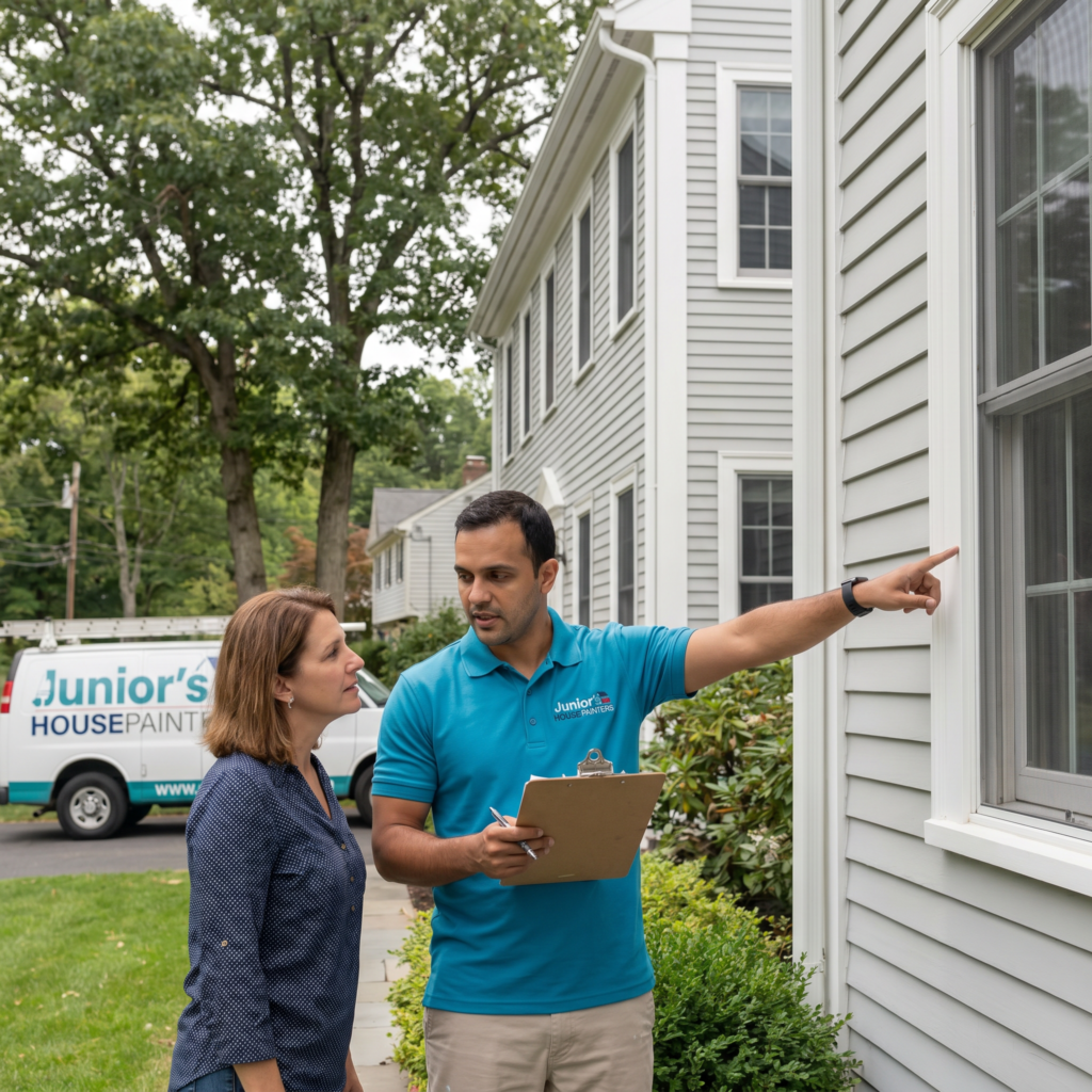 Contractor reviewing siding condition with homeowner during exterior painting evaluation