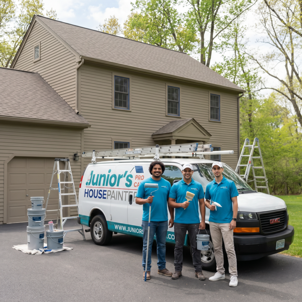 xterior painting crew and branded truck in front of a home in New Haven County CT