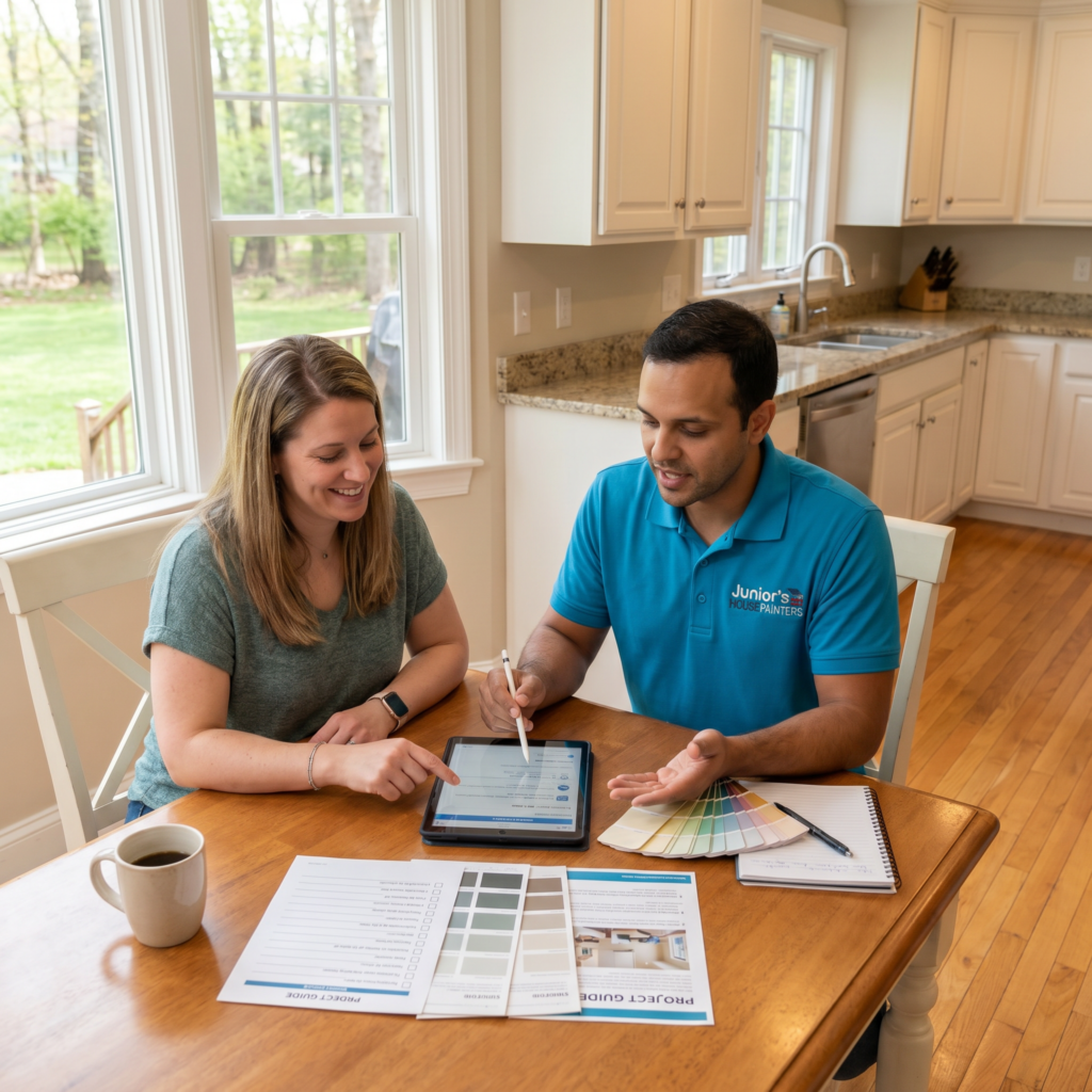 Homeowner reviewing painting options and color samples with contractor at kitchen table