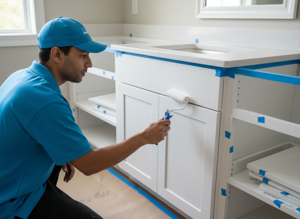 Painter refinishing kitchen cabinets with smooth brush application