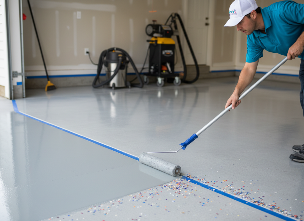 Applying epoxy coating on garage floor with roller