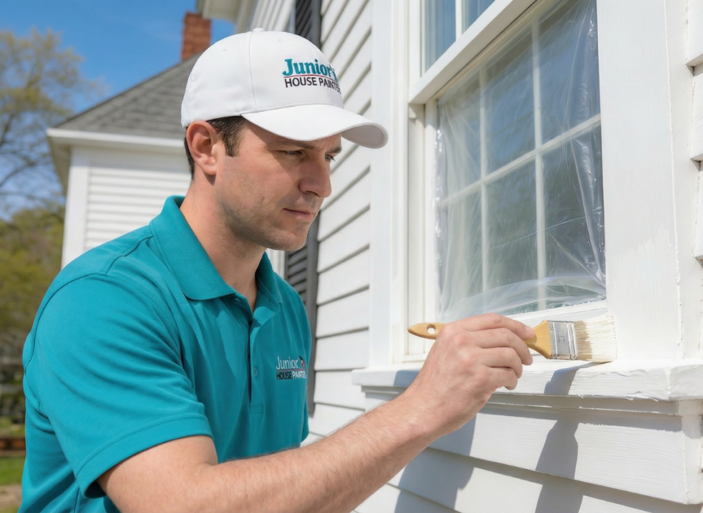 Painter working on exterior siding and trim around a window