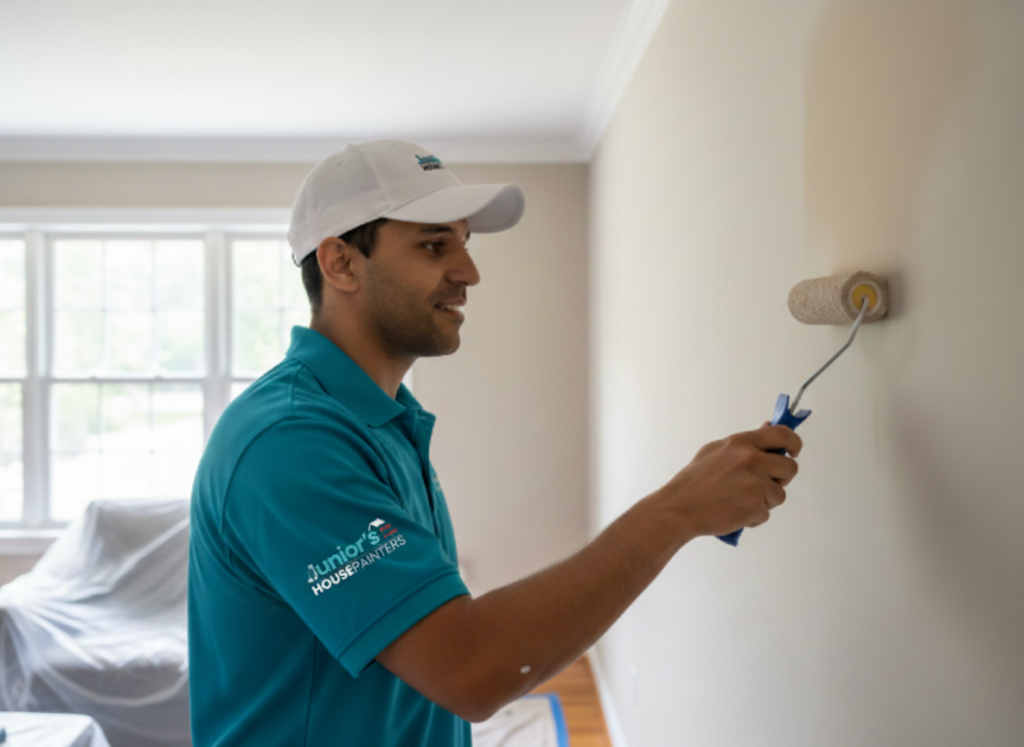 Painter applying fresh paint to interior wall with roller in a residential room