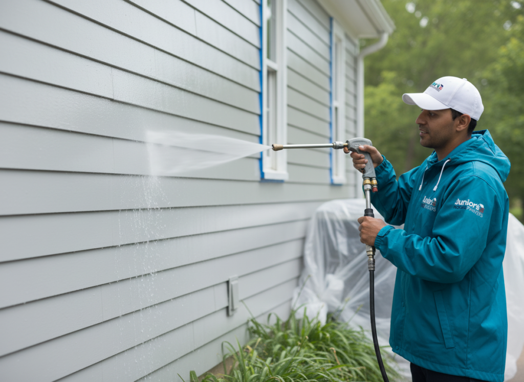 Pressure washing siding to remove dirt and buildup before painting